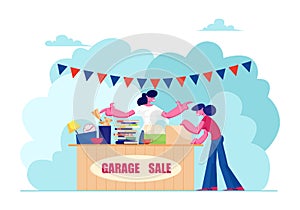 Outdoor Garage Sale with Housewares, Clothing, Books and Toys. Woman Offer Junk Goods, Odd Rummage Objects and Different Things photo