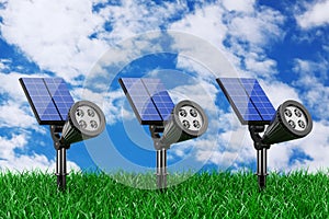Outdoor Garden LED Spotlights with Solar Panel in Grass. 3d Rend