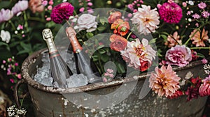Outdoor garden party with champagne bottles chilling in a rustic metal tub filled with ice