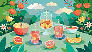 An outdoor garden party with vintage floral plates and tumblers filled with refreshing fruit punch.. Vector illustration photo