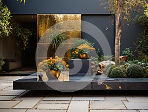 Outdoor garden planters and artsy installations with perforated patinated glossy brass, modern Nordic.