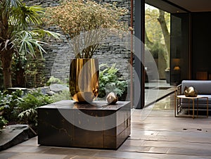 Outdoor garden planters and artsy installations with perforated patinated glossy brass, modern Nordic.