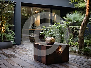 Outdoor garden planters and artsy installations with perforated patinated glossy brass, modern Nordic.