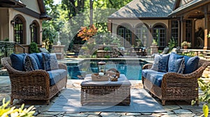 an outdoor garden pool or patio adorned with a chic sofa chair set, featuring navy blue cushions atop brown wicker