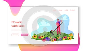 Outdoor Gardening Business, Horticultural Agriculture Landing Page Template. Male Gardener Character Raking Ground