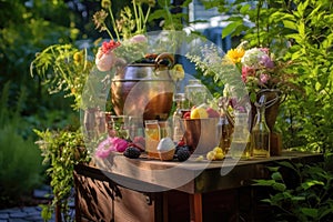 outdoor gin bar with colorful garnishes and ice bucket