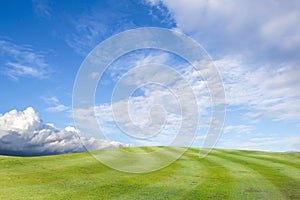 Outdoor golf course - green golf field and sky blue cloud sky