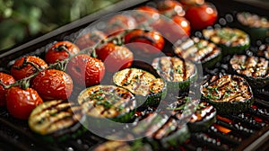 outdoor grilling, sizzling on the grill, bell peppers, zucchinis, cherry tomatoes release tantalizing aromas, a photo