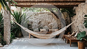 Bohemian Patio Hammock Relaxation Area with Stone Wall and Tropical Plants