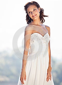 Outdoor, happy bride or woman thinking of wedding in celebration of marriage or ceremony event. Dream, elegant style or