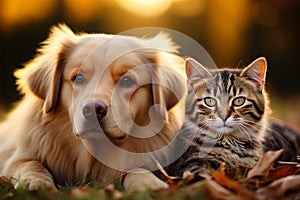In outdoor harmony, cat and dog solidify their heartwarming friendship photo