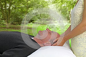 Outdoor healing session, soft blur background