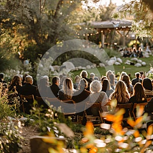 Outdoor health summit setting, focusing on holistic medical breakthroughs with experts and attendees in a natural, inspiring photo