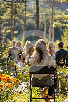 Outdoor health summit setting, focusing on holistic medical breakthroughs with experts and attendees in a natural, inspiring photo