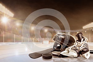 Outdoor Hockey Stadium With Equipment on Ice