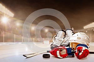 Outdoor Hockey Stadium With Equipment on Ice