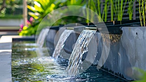 Outdoor home modern water feature fountain waterfall as wide banner