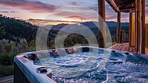An outdoor hot tub overlooking a picturesque landscape offering a blissful soak under the stars. photo