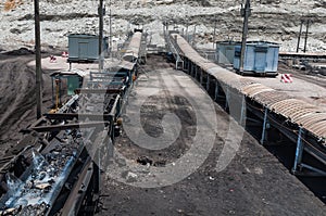 Outdoor incline large conveyor with rubber belt conveyor for transportation line for processing the coal in the coal mine.