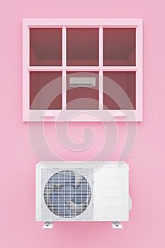 Outdoor and indoor air conditioner unit on pink background with window 3d render