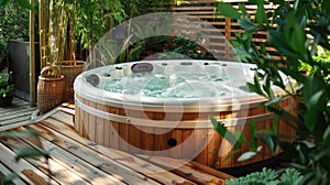 Outdoor jacuzzi pool with fresh blue water for massage and spa