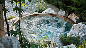 Outdoor jacuzzi pool with fresh blue water for massage and spa