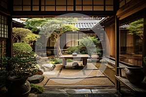 Outdoor japanese patio. Generative AI.