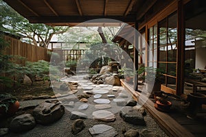 Outdoor japanese patio. Generative AI.