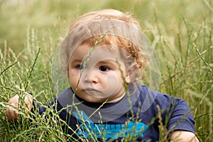 Outdoor kids activities. Family summer holidays with children. Children playing in the green grass on summer field. Baby