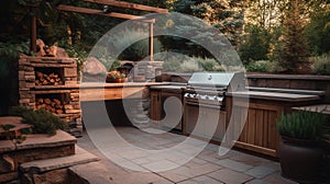 Outdoor kitchen with beautiful cooking grill with burning fire. Generative AI