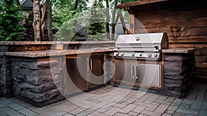 Outdoor kitchen with beautiful cooking grill with burning fire. Generative AI