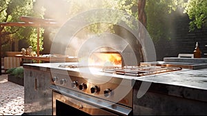 Outdoor kitchen with beautiful cooking grill with burning fire. Generative AI