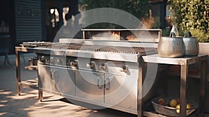 Outdoor kitchen with beautiful cooking grill with burning fire. Generative AI