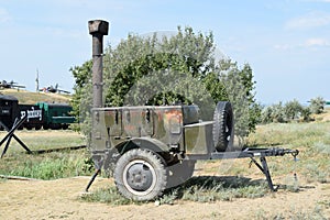 Outdoor kitchen. Cart with field kitchen for the soldiers