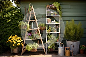 outdoor ladder bookshelf with gardening books and tools