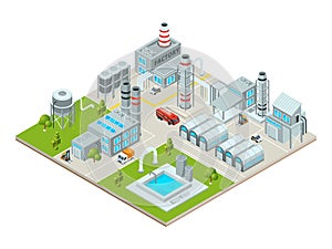 Outdoor landscape with factory buildings. Isometric pictures