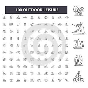 Outdoor leisure editable line icons, 100 vector set, collection. Outdoor leisure black outline illustrations, signs