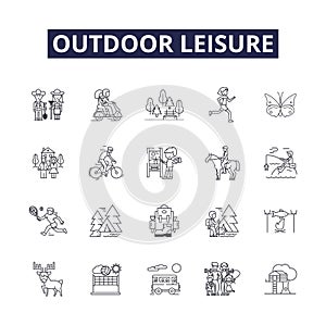 Outdoor leisure line vector icons and signs. camping, kayaking, biking, swimming, canoeing, rafting, fishing, sailing