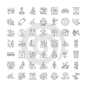 Outdoor leisure linear icons, signs, symbols vector line illustration set