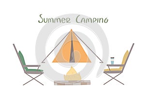 Outdoor Leisure time at nature. Campsite with bonfire, chairs, tent vector illustration.