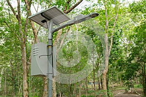 Outdoor lighting pole, street light led pole with small solar cell panel in public park