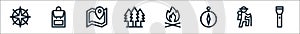 outdoor line icons. linear set. quality vector line set such as flashlight, hiking, compass, bonfire, trees, map, backpack