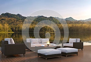 Outdoor living area and beautiful nature 3d rendering image,