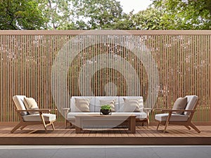 Outdoor living area with wood slats 3d render