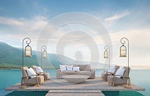 Outdoor living on swimming pool with mountain view 3d rendering image