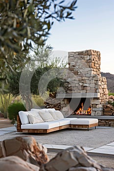 Outdoor lounge area with modern furniture and fireplace