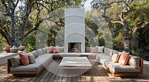 Outdoor lounge area with modern furniture and fireplace.