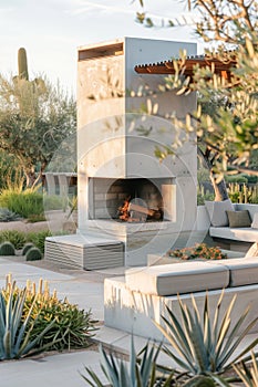 Outdoor lounge area with modern furniture and fireplace.