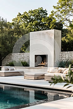 Outdoor lounge area with modernfurniture and fireplace.