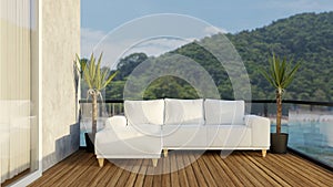 Outdoor lounging terrace and sofa chair with beautiful beach view , 3D illustration rendering